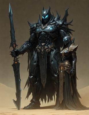 The primary subject of the image is a large, armored warrior with a sword. The warrior is standing next to a smaller, armored figure, possibly a woman. The setting appears to be a desert-like environment, with a sandy surface visible in the background. The visual style of the image is digital art, as it is a detailed and intricate illustration. The dominant colors in the image are black and gold, giving the scene a dark and dramatic atmosphere.